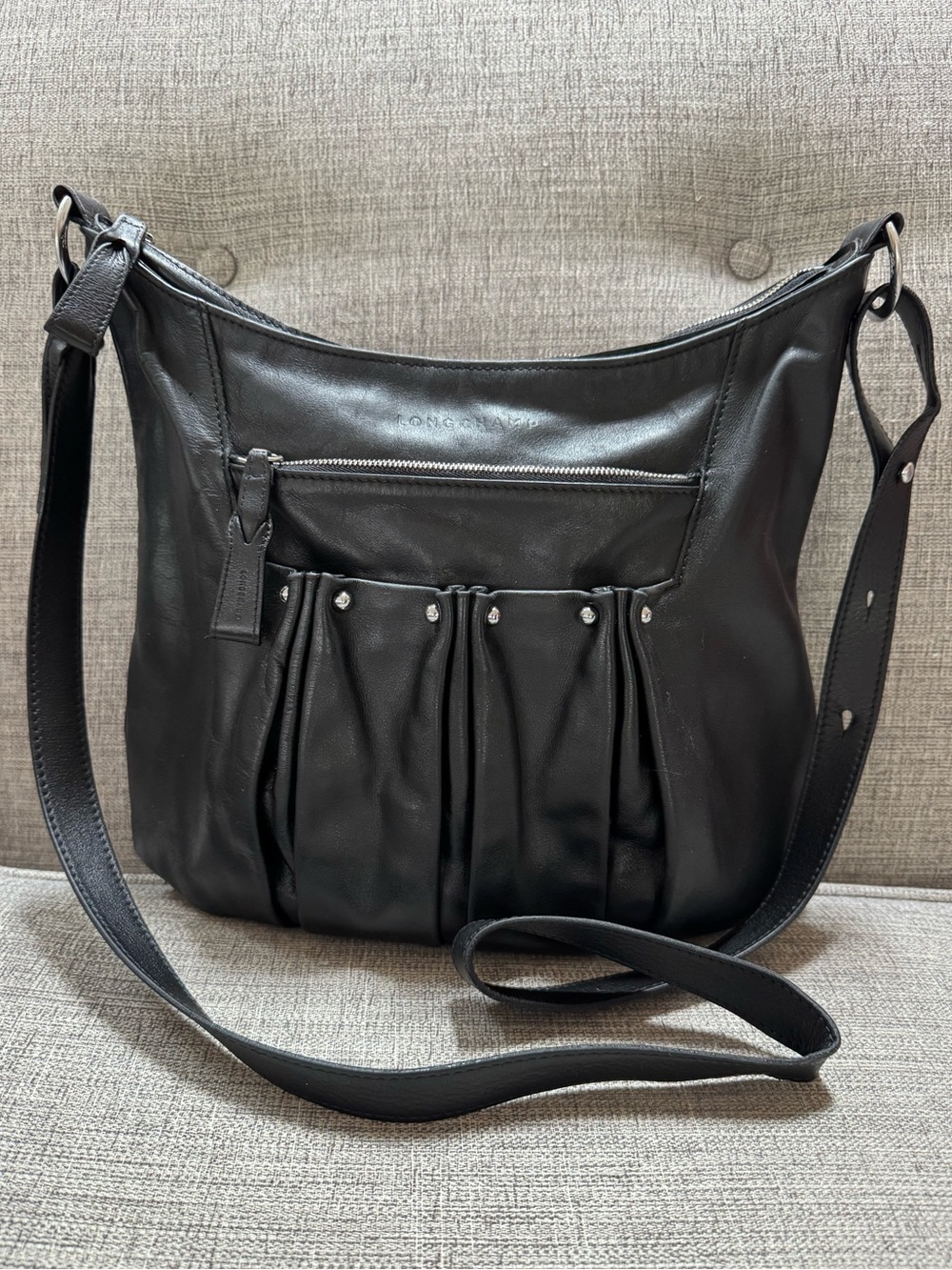 Longchamp Genuine Leather Hobo Boho Pleated Studded Crossbody Shoulder Black Bag